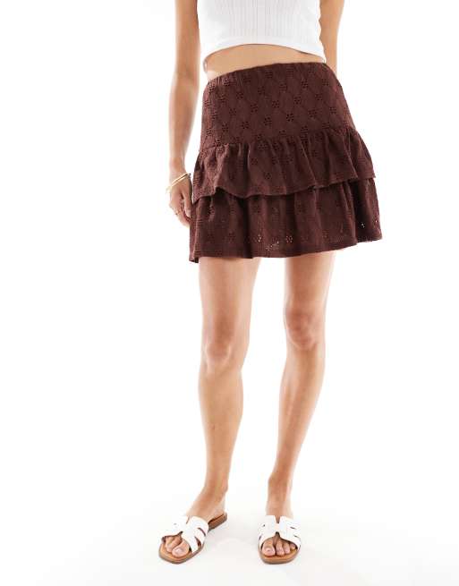 Miss Selfridge ruffle detail embroidered skort in chocolate, 4 of 5