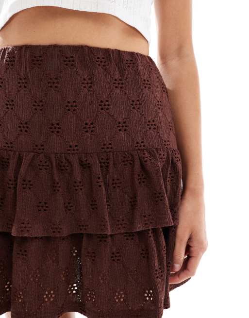 Miss Selfridge ruffle detail embroidered skort in chocolate, 5 of 5
