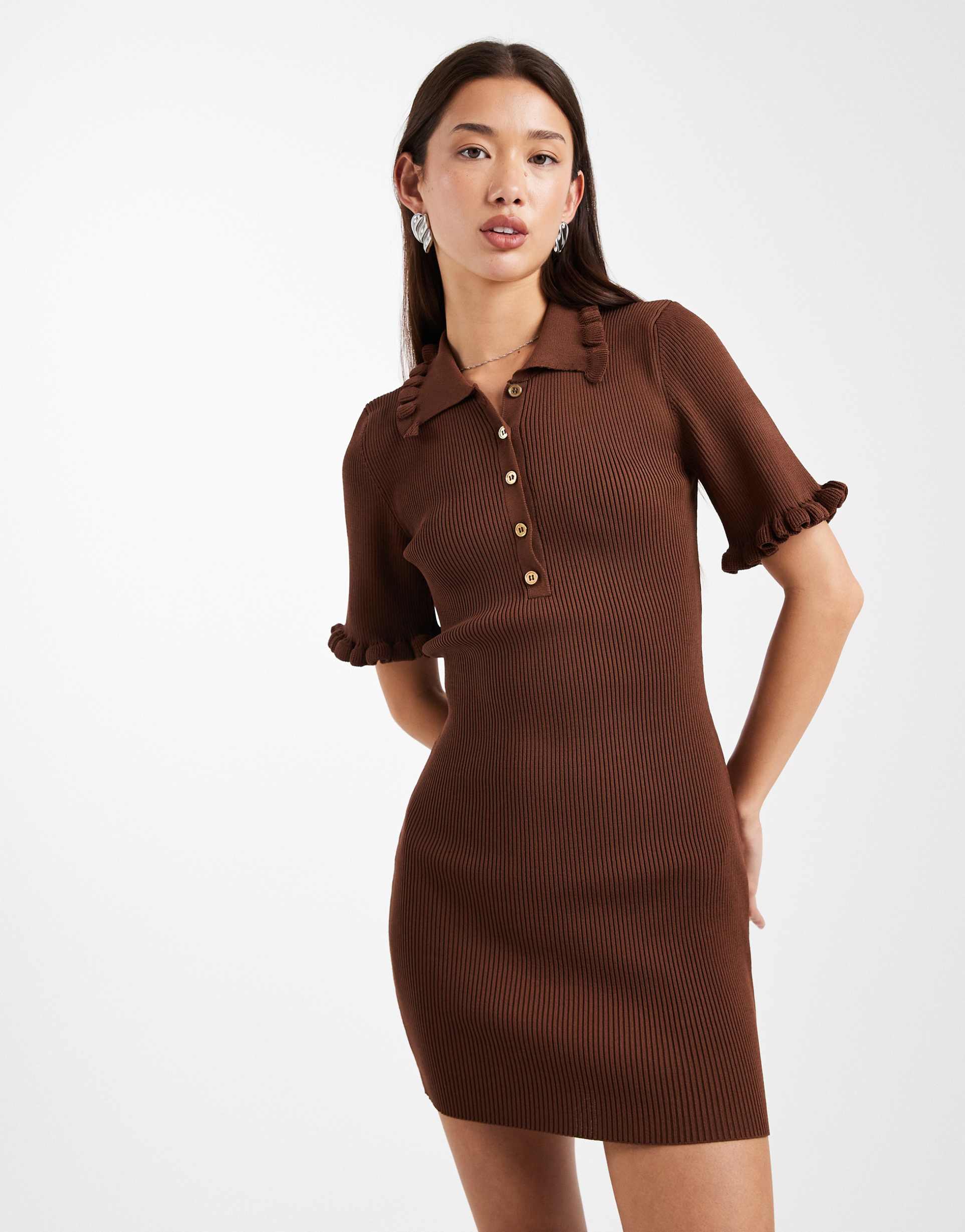miss selfridge ruffle detail knit mini dress in brown