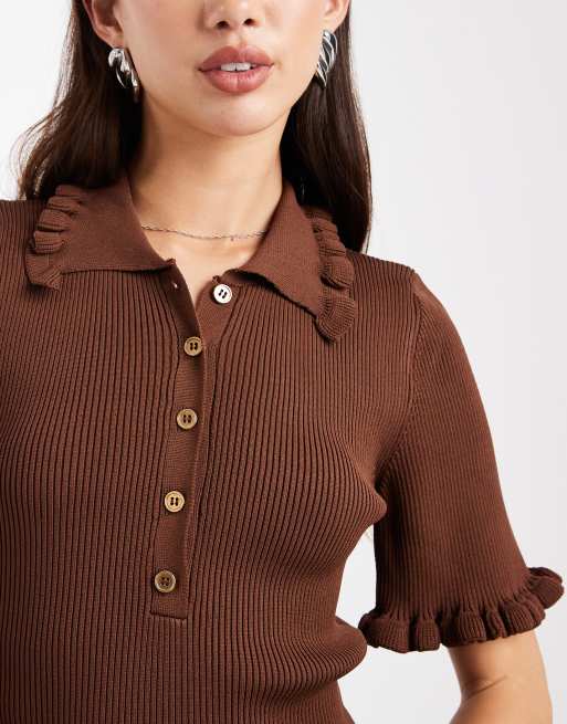 Miss Selfridge ruffle detail knit mini dress in brown, 4 of 4