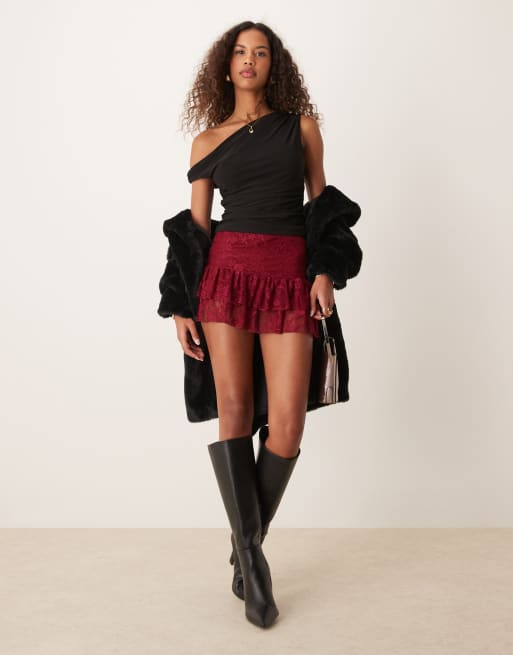Miss Selfridge ruffle detail lace skort in burgundy, 2 of 5