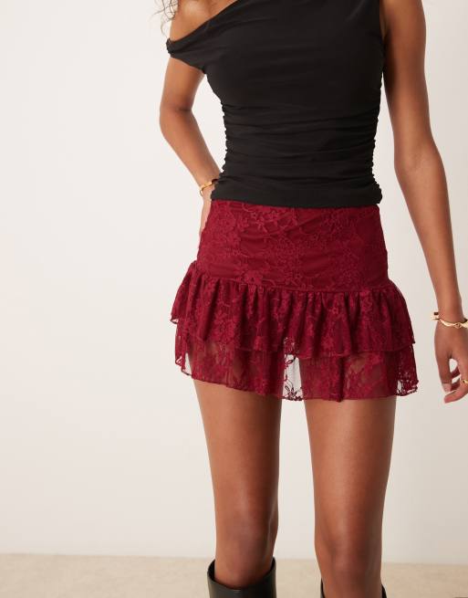 Miss Selfridge ruffle detail lace skort in burgundy, 3 of 5