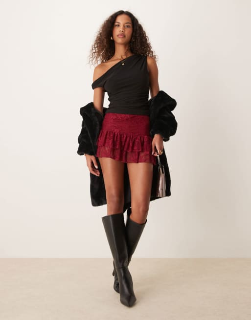 Miss Selfridge ruffle detail lace skort in burgundy, 2 of 5