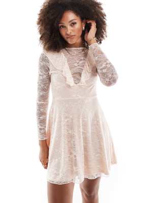 ruffle detail long sleeve lace mini dress-White