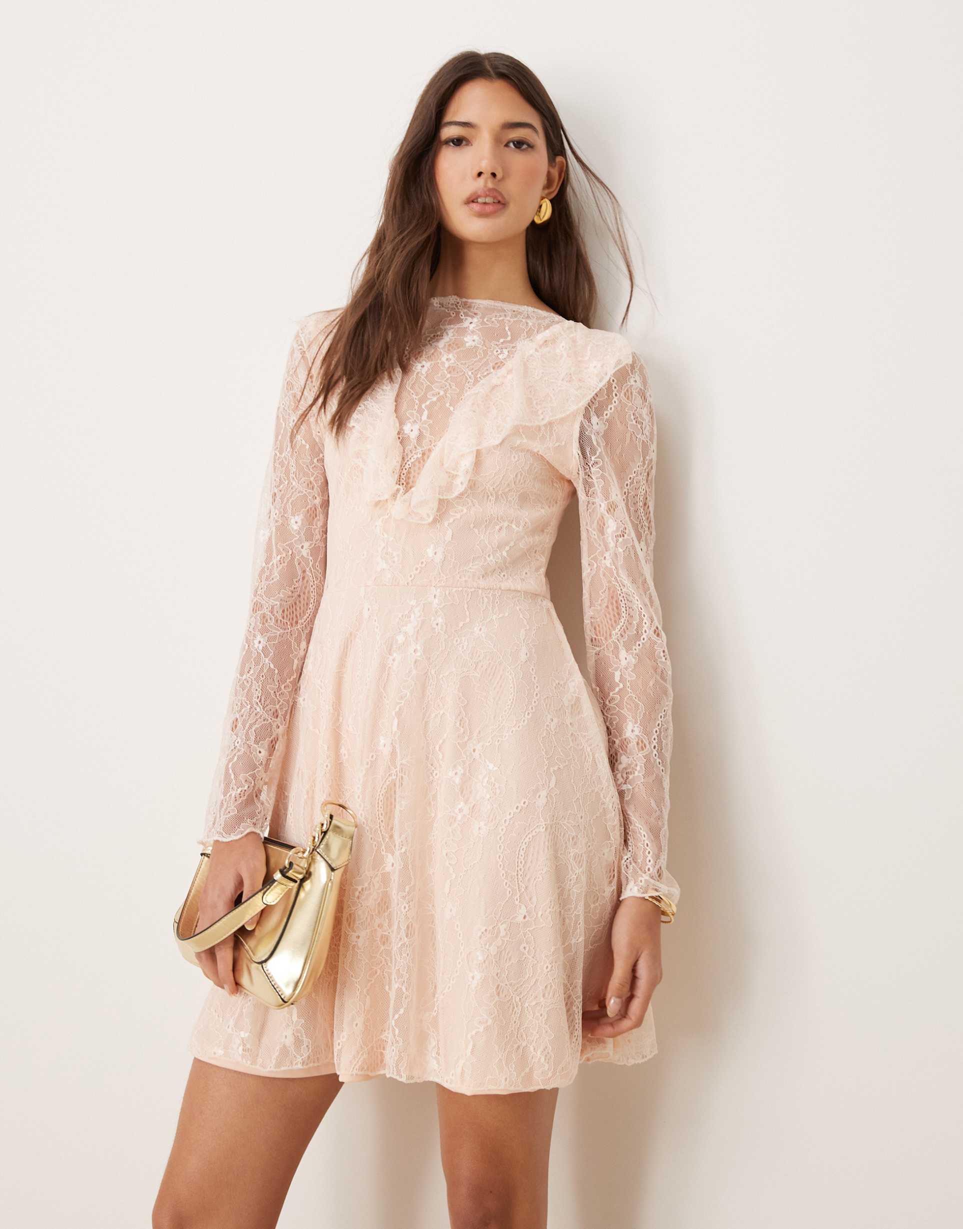 miss selfridge ruffle detail long sleeve lace mini dress