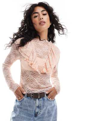 ruffle detail long sleeve lace top-White