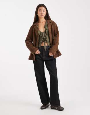 Miss Selfridge Ruffle Detail Long Sleeve Top In Green