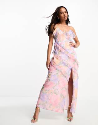 Miss Selfridge Miss Selfridge ruffle detail maxi slip dress in mix and match print-Multi
