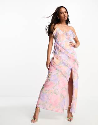 Miss Selfridge ruffle detail maxi slip dress in mix and match print