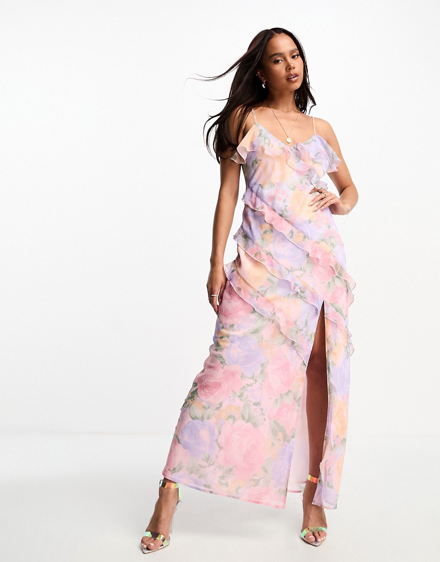 Miss Selfridge Ruffle Detail Maxi Slip Dress In Mixed Print-multi
