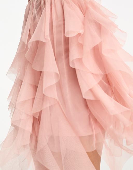Miss Selfridge ruffle detail mesh mini dress in pink, 3 of 4