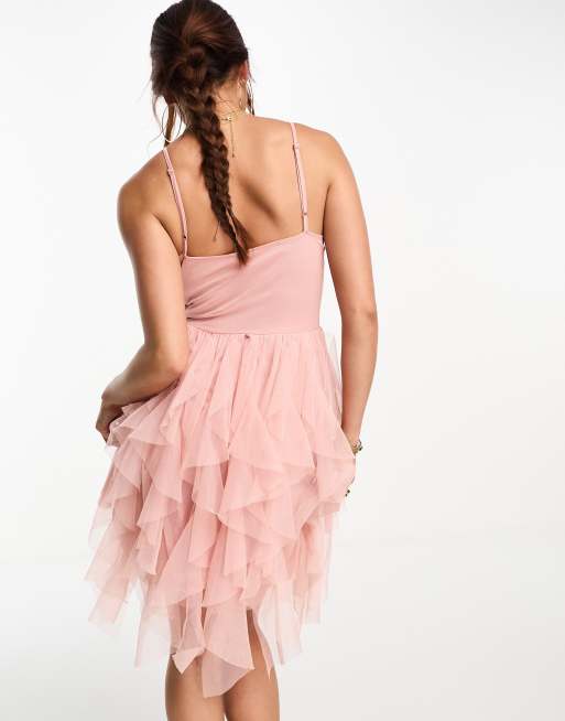 Miss Selfridge ruffle detail mesh mini dress in pink | ASOS