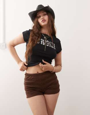 Miss Selfridge ruffle detail shorts in chocolate-Brown