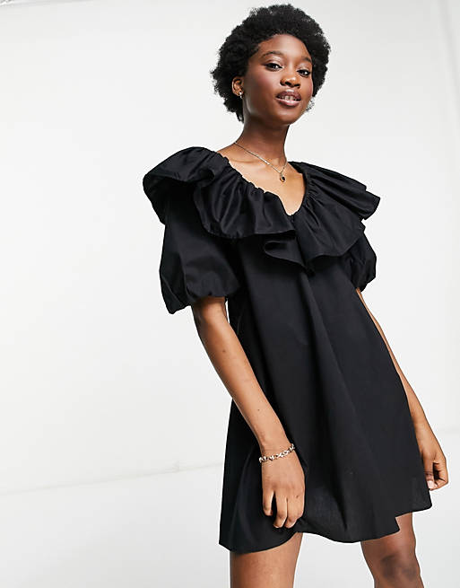 Miss Selfridge ruffle detail smock dress in black | ASOS