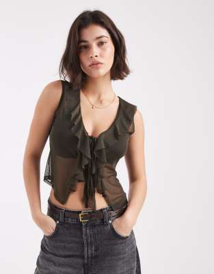 Miss Selfridge Ruffle Detailing Top In Green