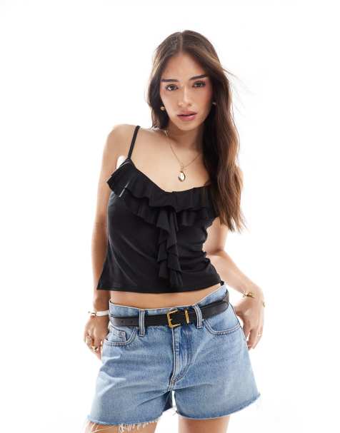 Miss Selfridge ruffle down cami top in black - view 1
