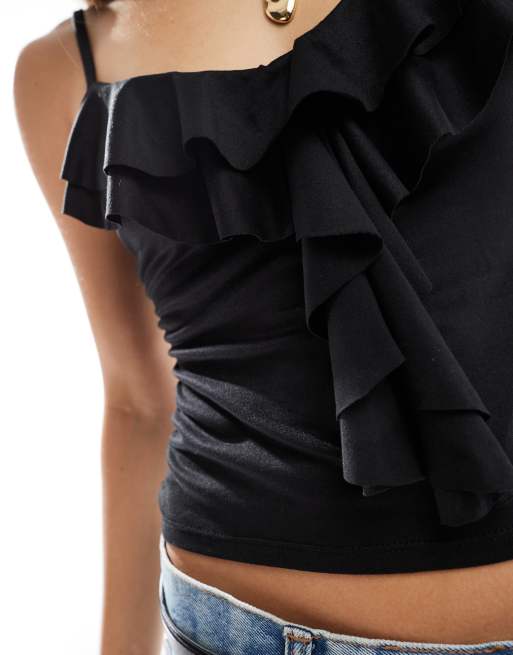 Miss Selfridge ruffle down cami top in black, 2 of 4