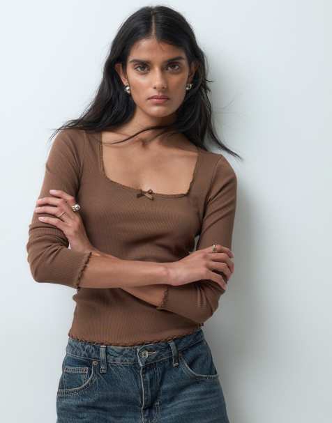Miss Selfridge ruffle edge square neck top in chocolate
