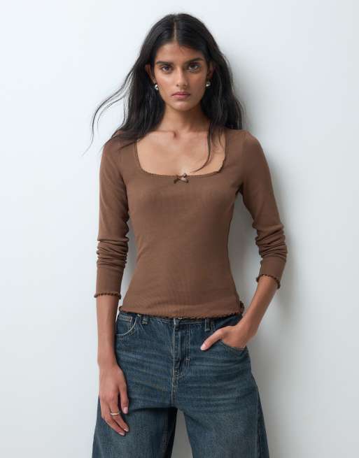 Miss Selfridge ruffle edge square neck top in chocolate, 5 of 5