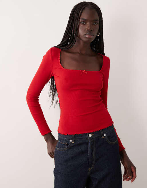 Miss Selfridge ruffle edge square neck top in red, 2 of 4