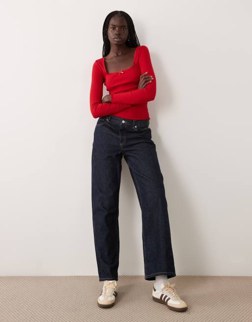 Miss Selfridge ruffle edge square neck top in red, 3 of 4