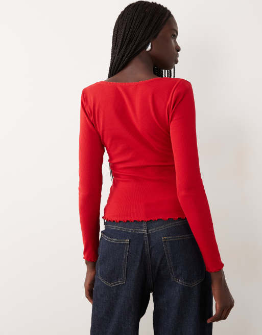 Miss Selfridge ruffle edge square neck top in red, 4 of 4