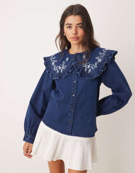 Miss Selfridge ruffle embroidered collar denim shirt in indigo - view 1