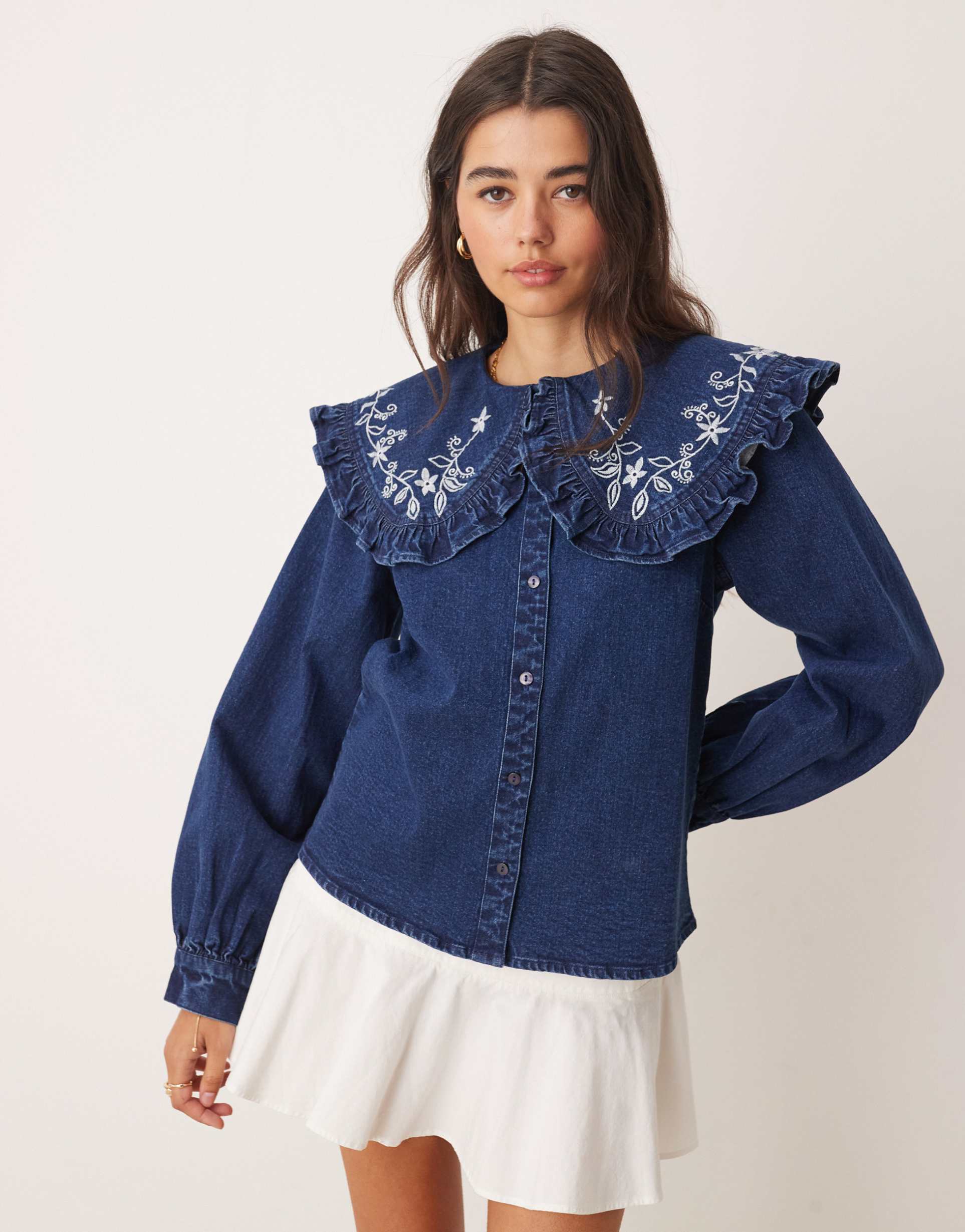 miss selfridge ruffle embroidered collar denim shirt in indigo