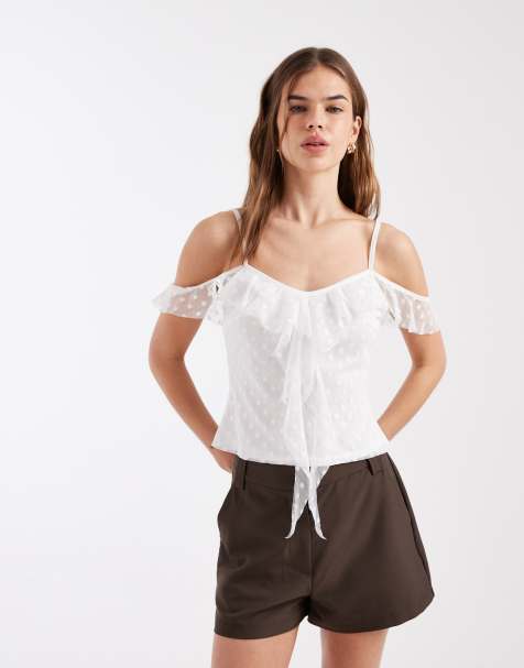 Miss Selfridge ruffle front cold shoulder top in cream polka dot - view 1