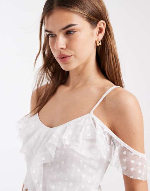 Miss Selfridge ruffle front cold shoulder top in cream polka dots, 2 of 4