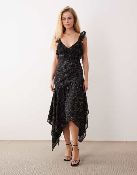 Miss Selfridge ruffle hanky hem chiffon maxi dress in polka dot - view 1