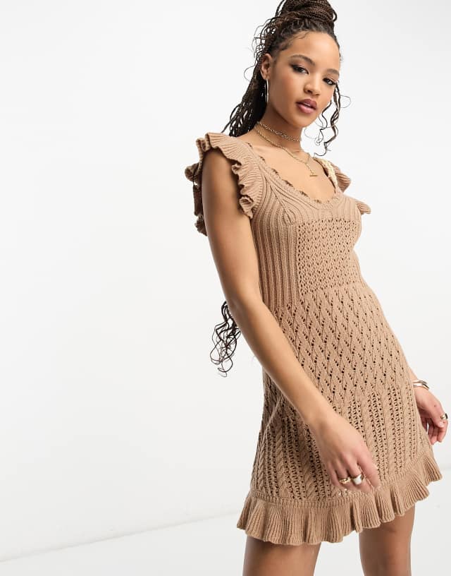 Miss Selfridge ruffle hem fit and flare crochet mini dress in tan