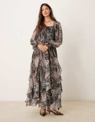 Miss Selfridge Ruffle Hem Maxi Dress In Animal Print-multi