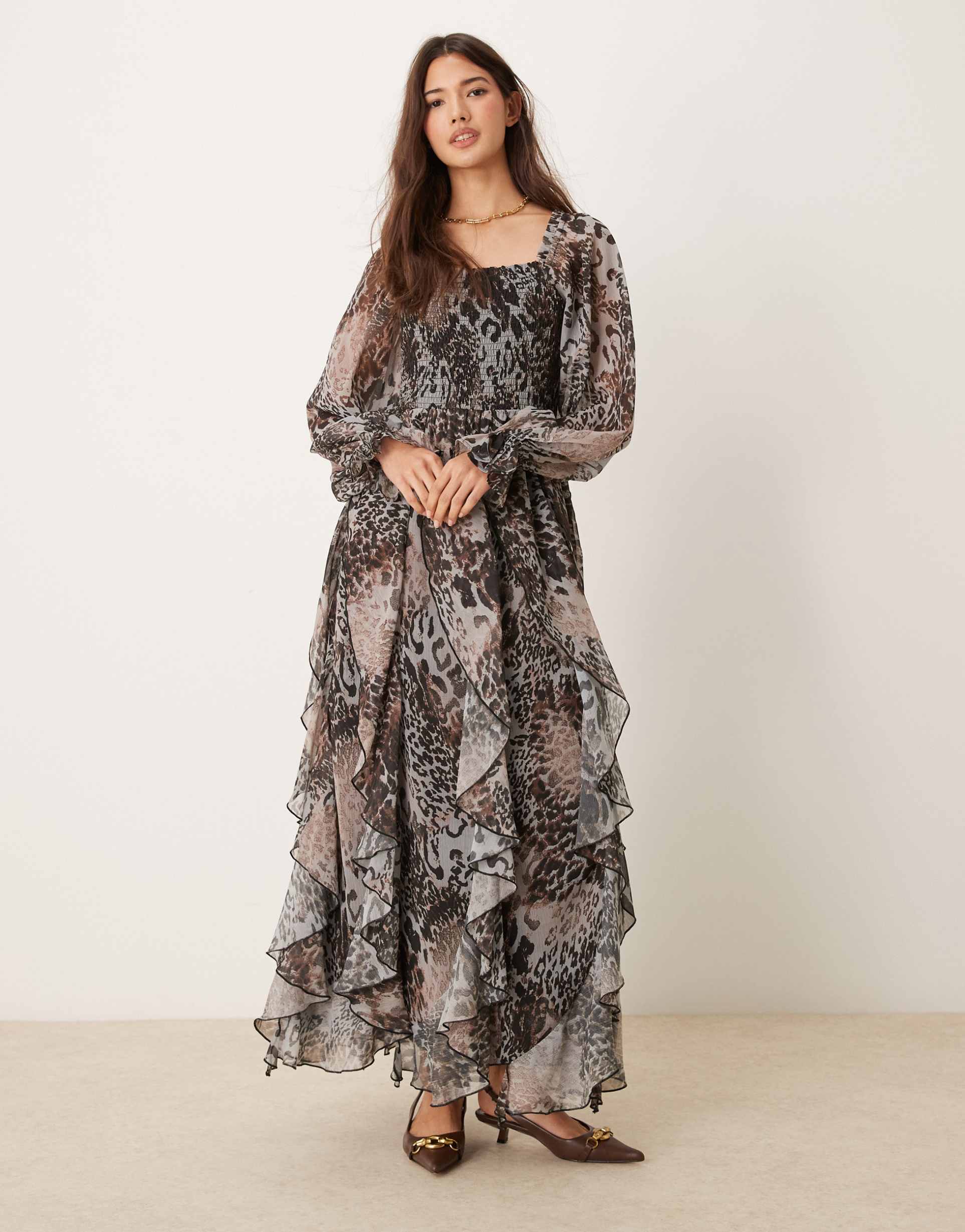 miss selfridge ruffle hem maxi dress in animal print