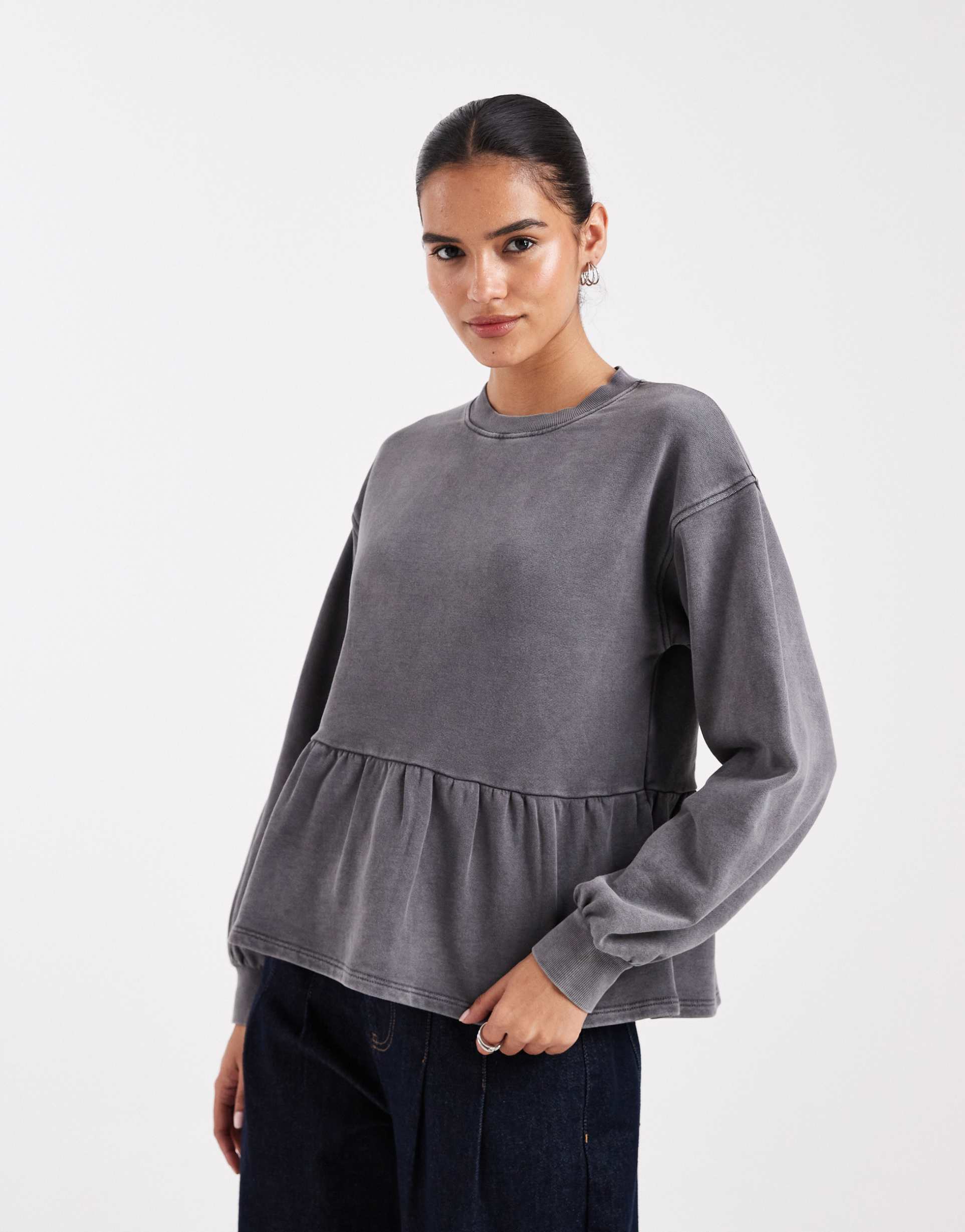 miss selfridge ruffle hem sweatshirt in charcoal