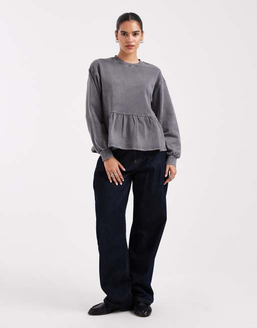 Miss Selfridge ruffle hem sweatshirt in charcoal, 3 of 4