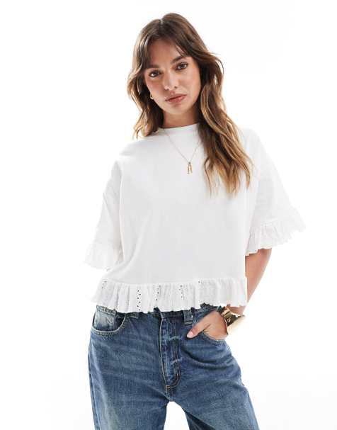 Miss Selfridge ruffle hem t-shirt in  ivory - view 1