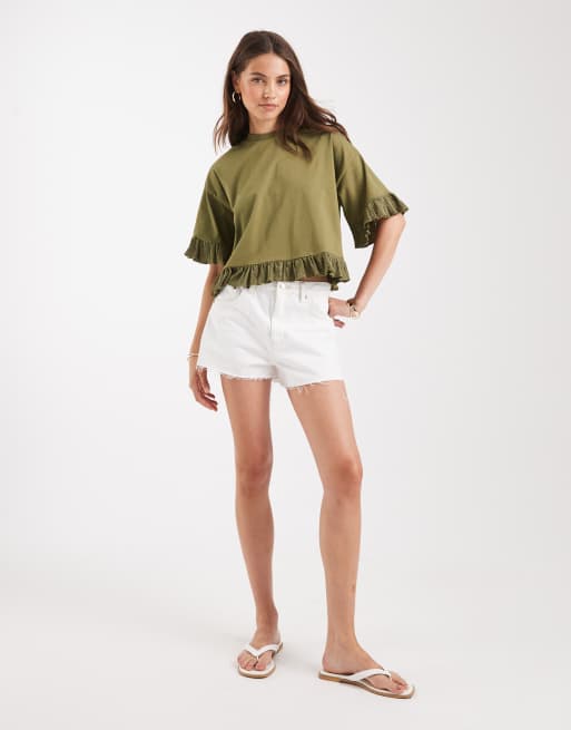 Miss Selfridge ruffle hem tshirt in olive, 2 of 4