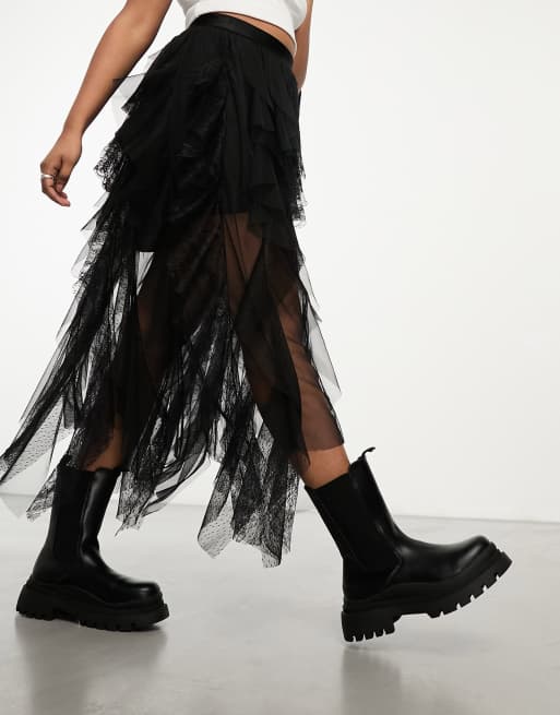 Miss Selfridge ruffle mixed lace midi skirt in black, 2 of 4