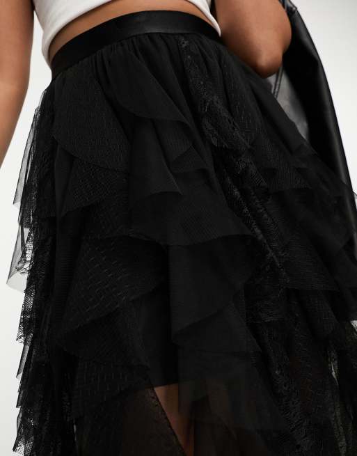 Miss Selfridge ruffle mixed lace midi skirt in black, 3 of 4