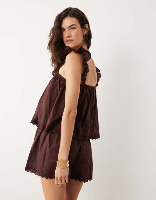 Miss Selfridge ruffle playsuit in chocolate, 4 of 4