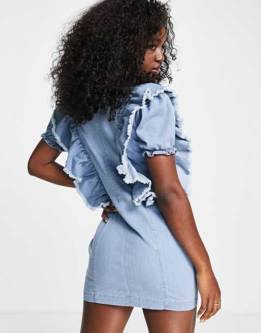 Denim ruffle shop sleeve dress