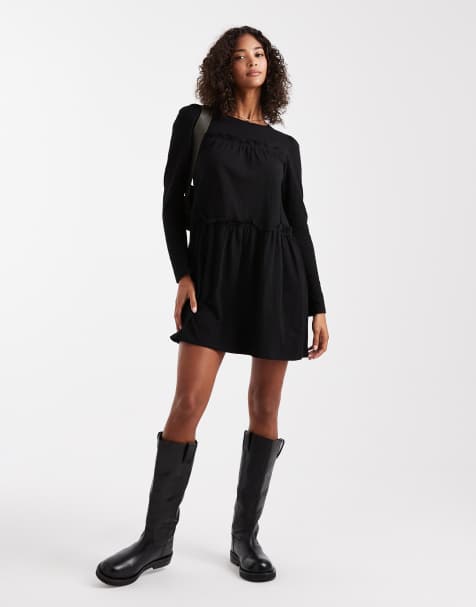 Miss Selfridge ruffle smock mini dress in black - view 1