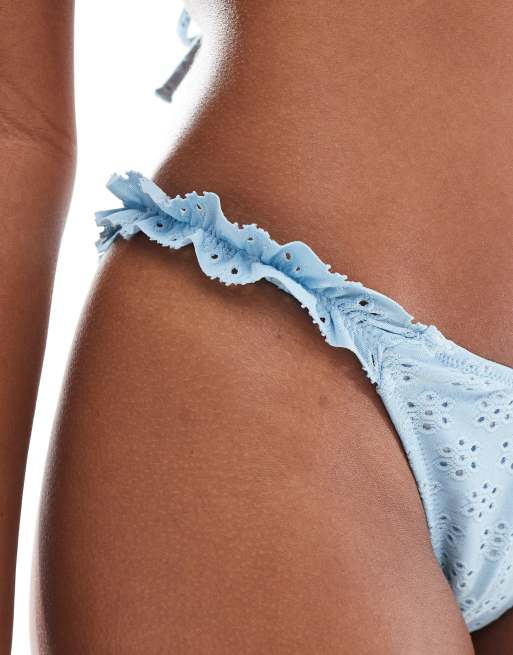Miss Selfridge ruffle strap side bikini bottoms in pale blue