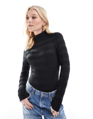 Miss Selfridge Ruffle Texture High Neck Bodysuit In Black