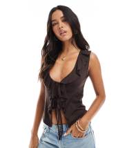 ASOS DESIGN mesh cami top with lace detail in burgundy