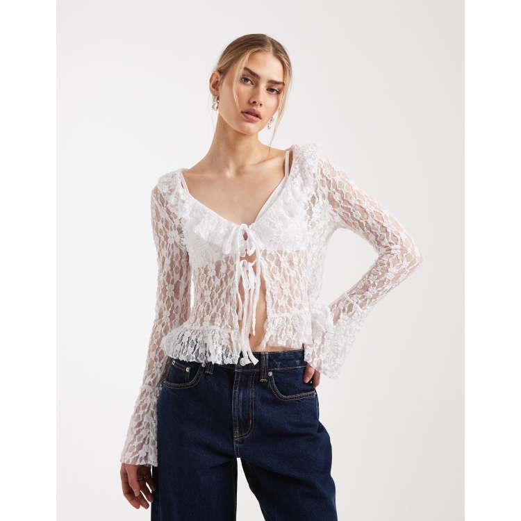 Miss Selfridge ruffle tie front top in cream lace | ASOS