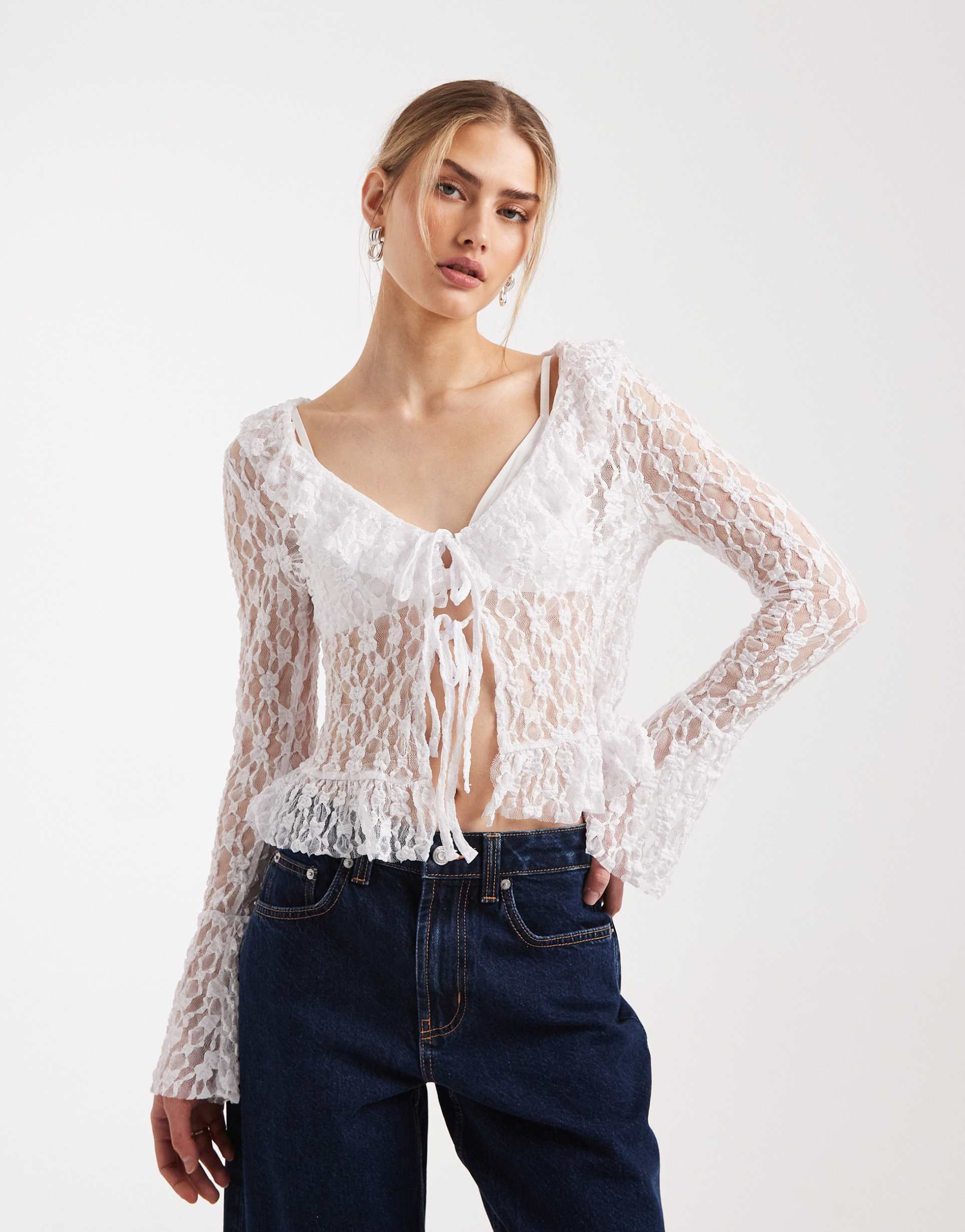 miss selfridge ruffle tie front top in cream lace