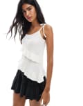 [Miss Selfridge] Miss Selfridge ruffle tie longline asymmetric top in cream-White S CREAM