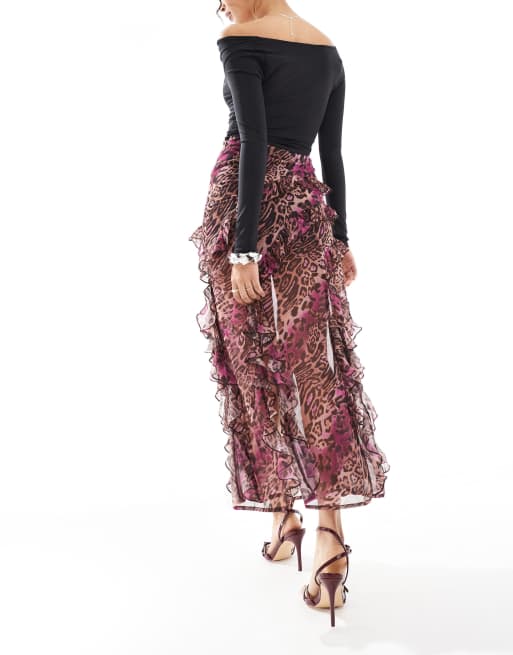 Miss Selfridge ruffle tiered midi skirt in leopard print, 2 of 5